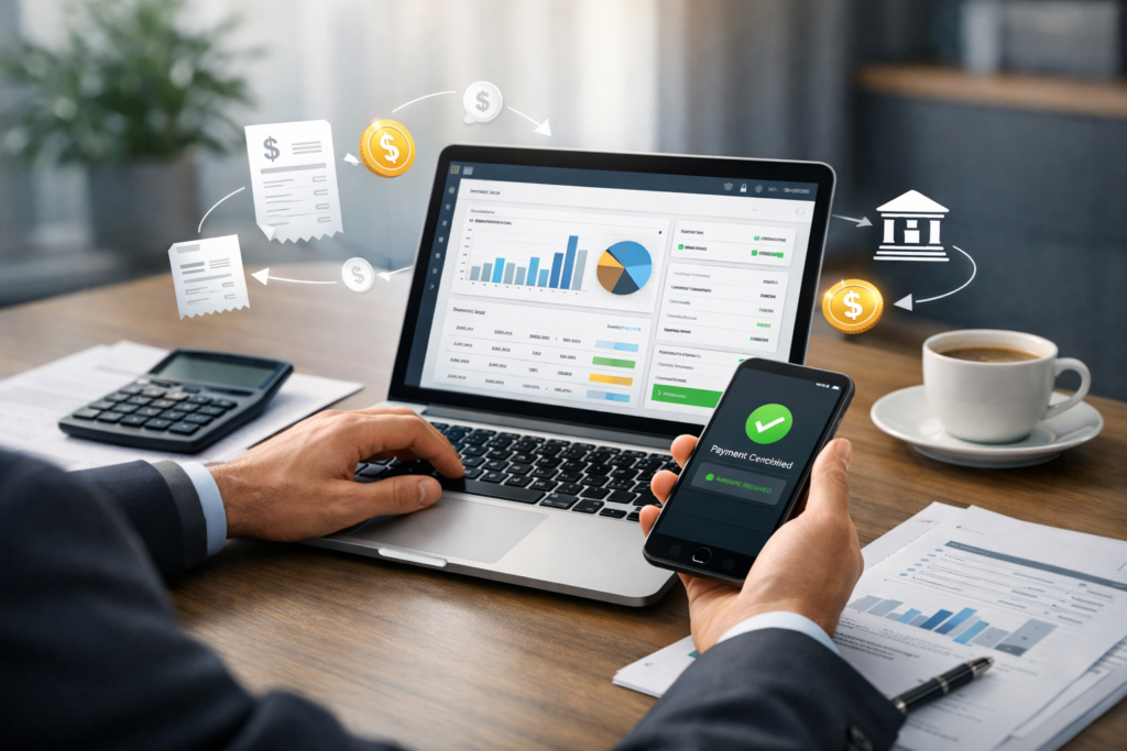 Profissional utilizando sistema digital para emissão de boletos e gestão de cobranças em ambiente corporativo