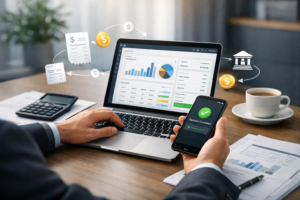 Profissional utilizando sistema digital para emissão de boletos e gestão de cobranças em ambiente corporativo