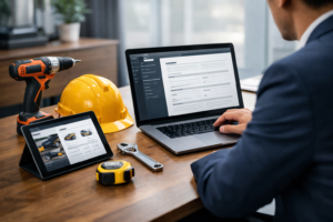 Profissional analisando um modelo de contrato de locação de ferramentas em um laptop ao lado de ferramentas de construção organizadas sobre a mesa.