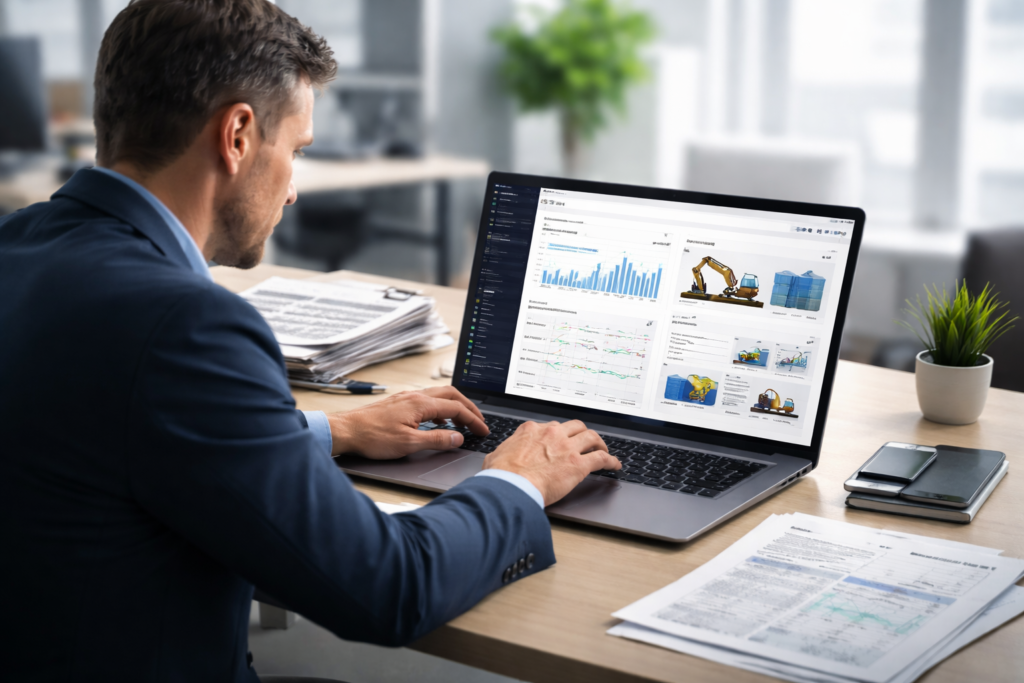 gestor analisando sistema para locadora de equipamentos em laptop enquanto planilhas impressas são deixadas de lado na mesa