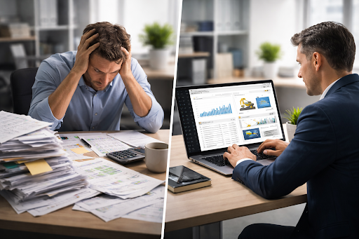 Comparativo visual da gestao manual ou automatizada para locadoras com processos em papel e dashboard digital.