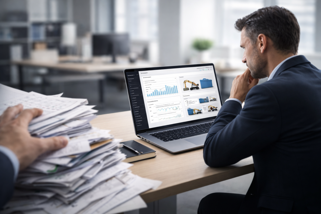 Gestor analisa sistema para locadora no notebook enquanto compara planilhas e papeis acumulados no escritorio.