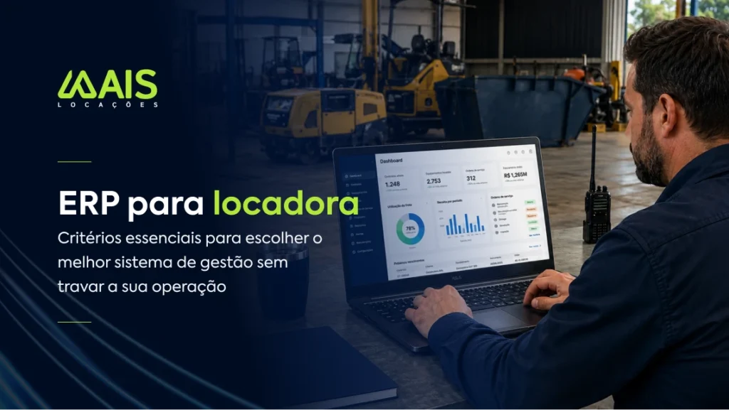 Gestor utilizando ERP para locadora com dashboard de contratos, estoque e indicadores operacionais