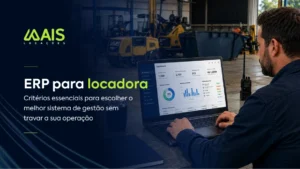 Gestor utilizando ERP para locadora com dashboard de contratos, estoque e indicadores operacionais