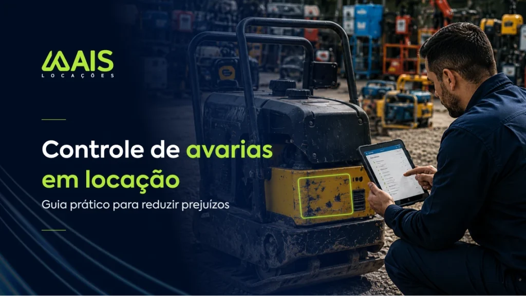 Profissional utilizando tablet para realizar o controle de avarias em compactador de solo em pátio de locadora.