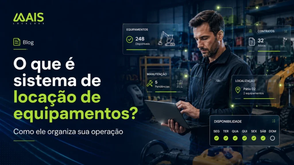 Sistema de locação de equipamentos em painel digital mostrando controle de estoque, contratos e status de máquinas em tempo real.