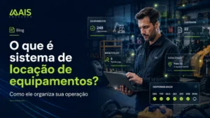 Sistema de locação de equipamentos em painel digital mostrando controle de estoque, contratos e status de máquinas em tempo real.