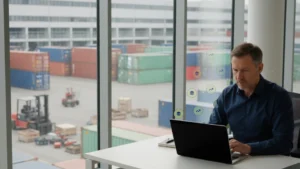 Executivo analisando dados de gestão de ativos alugáveis em seu laptop usando um sistema para locadora, com vista para um terminal de contêineres portuários e ícones de crescimento flutuantes.
