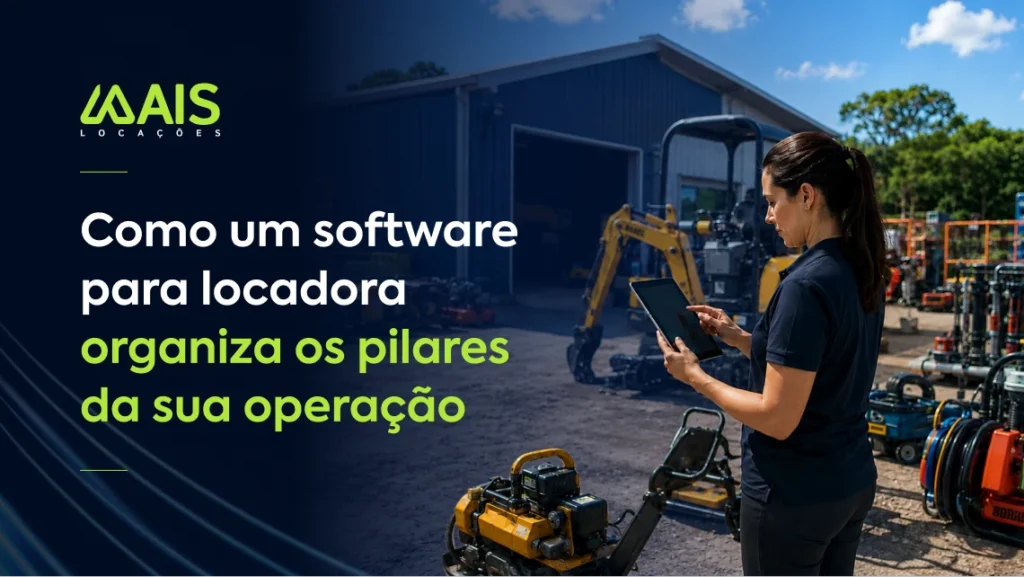 Software para locadora exibindo painel de gestão com controle de contratos, estoque de equipamentos e status de locações em tempo real.