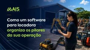 Software para locadora exibindo painel de gestão com controle de contratos, estoque de equipamentos e status de locações em tempo real.
