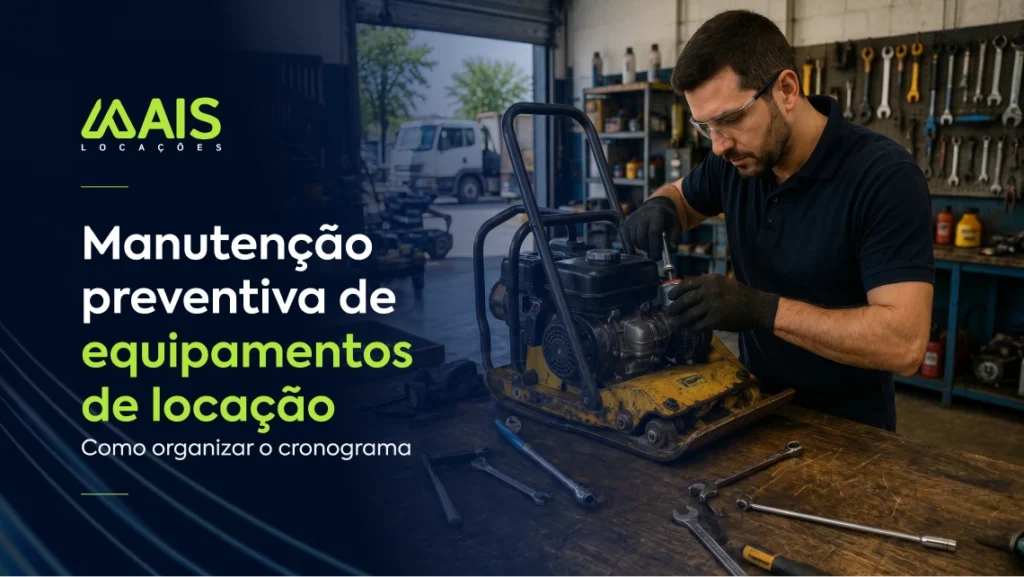 Mecânico trabalhando na manutenção de uma placa compactadora amarela, ao lado do texto "Manutenção preventiva de equipamentos de locação".