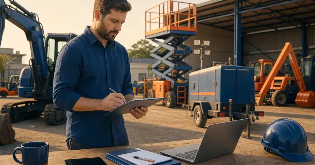 Técnico em uma oficina industrial usando tablet e conferindo documentos ao lado de notebooks, capacete e caneca, em meio a máquinas e equipamentos na área de manutenção.