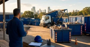 Trabalhador em canteiro de obras analisando documentos enquanto caminhões e caçambas de coleta de entulho aguardam ao fundo, com skyline ao longe.