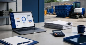 Um laptop exibindo um painel de análise de dados está em cima de uma mesa em um escritório. Ao fundo, uma escavadeira e caçambas de metal azuis estão visíveis no canteiro de obras.
