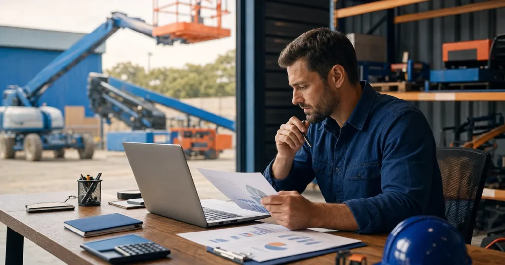 Um homem de barba e camisa jeans está sentado em uma mesa de escritório, olhando atentamente para um papel com gráficos e tabelas. Ao lado, um laptop aberto, uma calculadora e um capacete de segurança azul. Fora, no pátio da locadora, vê-se maquinário pesado de construção, incluindo plataformas elevatórias azuis.