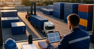 Trabalhador de logística em um centro de distribuição observa em um tablet o carregamento e a organização de contêineres e caminhões em um pátio de transporte, ao pôr do sol.