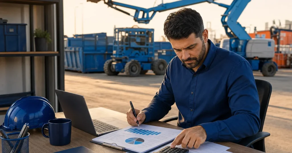 Profissional analisando relatórios financeiros com calculadora e notebook em área de locação de equipamentos, com máquinas industriais ao fundo.
