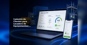 Laptop e celular exibindo tela de cadastro de cliente com análise de crédito para locadora de equipamentos