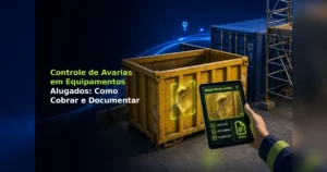 Caçamba amarela avariada sendo fotografada e documentada em tablet para cobrança