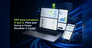 Notebook e celular exibindo painel de ERP com mapa de rastreamento para locadoras