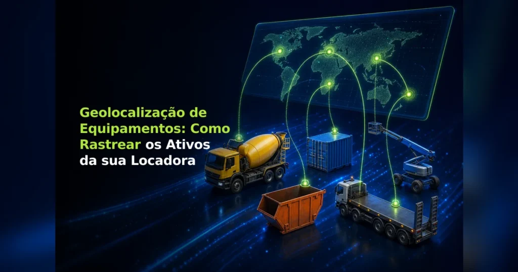 Equipamentos de locação rastreados por geolocalização em um mapa digital brilhante