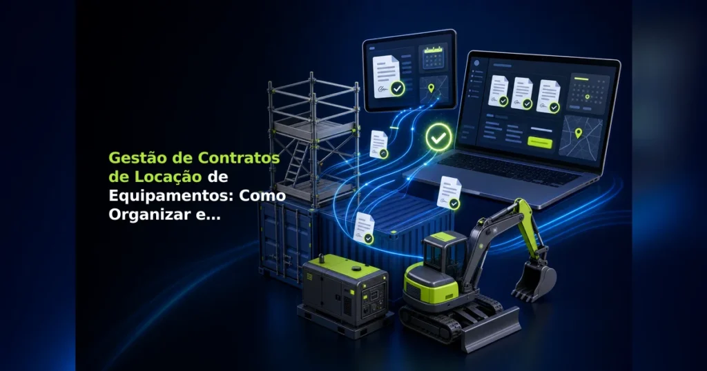 Ilustração 3D de contratos de locação de equipamentos sendo organizados e assinados automaticamente em painel digital