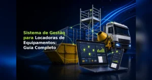 Ilustração 3D de caçamba, contêiner e maquinário ligados a um painel digital de gestão