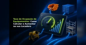 Painel digital com medidor de taxa de ocupação e ícones de equipamentos de locação