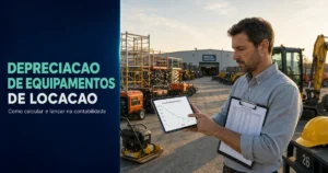 Gestor de locadora analisa curva de depreciação de equipamentos de locação em tablet no pátio