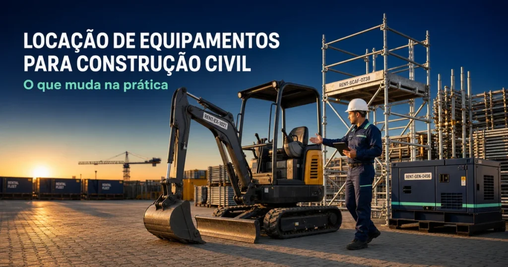 Pátio de locadora ao entardecer com equipamentos para construção civil organizados e coordenador conferindo contrato
