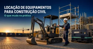 Pátio de locadora ao entardecer com equipamentos para construção civil organizados e coordenador conferindo contrato