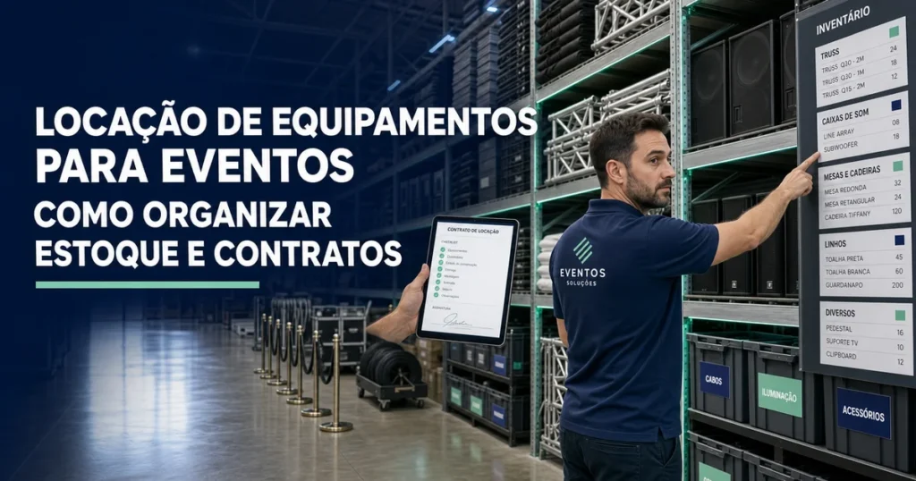 Coordenador organiza estoque e contrato de locação de equipamentos para eventos em tablet