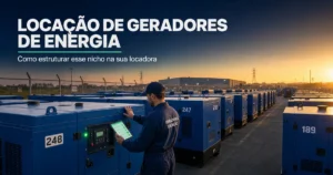 Pátio de locação de geradores de energia organizado com gestor conferindo o inventário