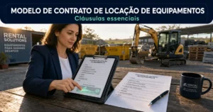 Modelo de contrato de locação de equipamentos sendo assinado digitalmente em pátio de máquinas