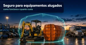 Equipamentos de locação protegidos por escudo digital ilustrando seguro para equipamentos alugados