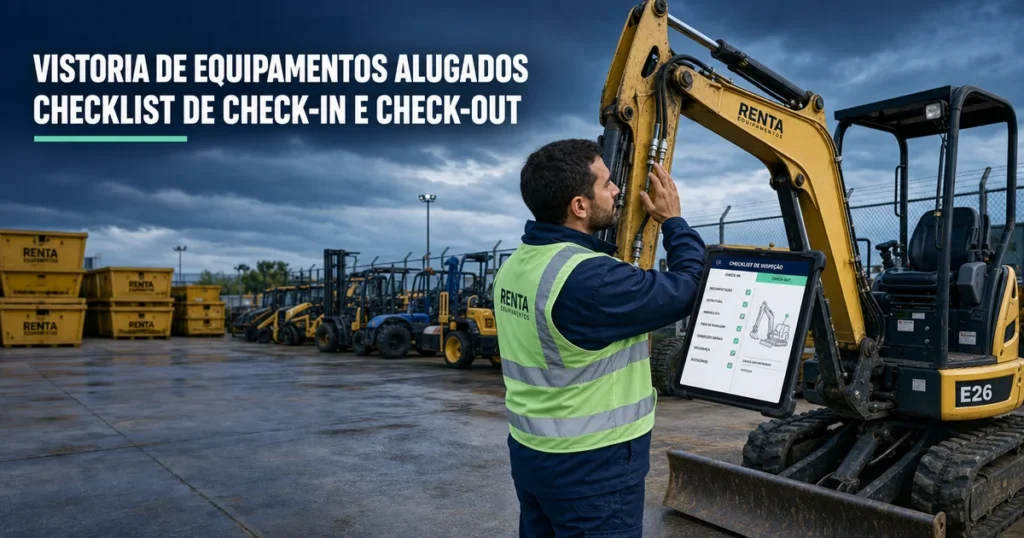 Técnico faz vistoria de equipamentos alugados com checklist digital de check-in e check-out
